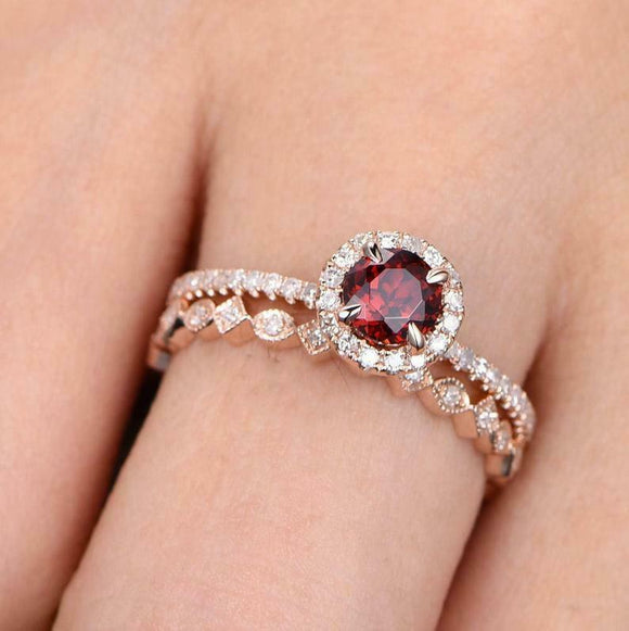 2ct Round Red Garnet Bridal Set Vintage Band Engagement Ring 14k Rose Gold Over