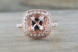 2ct Cushion Cut Peach Morganite Double Halo Engagement Ring 18k Rose Gold Finish