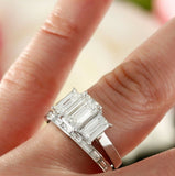 4ct Emerald Cut Diamond Bridal Set Trilogy Engagement Ring 14k White Gold Finish