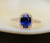 1.9ct Oval Cut Blue Sapphire Engagement Ring Halo 14k Rose Gold Over with Accent