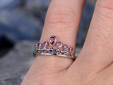 2ct Pear Cut Pink Ruby Sapphire Princess Crown Tiara Ring 14k White Gold Finish