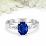 1.2ct Oval Cut Blue Sapphire Diamond Accent Solitaire Ring 14k White Gold Finish