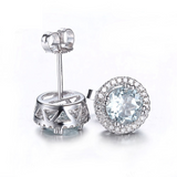 2ct Round Cut Blue Aquamarine Halo Diamond Stud Earrings 14k White Gold Finish