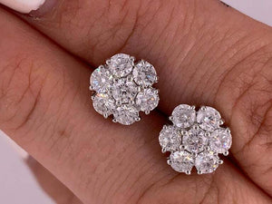 1.5ct Round Cut VVS1D Diamond Floral Cluster Stud Earrings 14k White Gold Finish