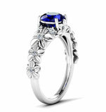 2ct Round Cut Blue Sapphire Flower Solitaire with Accent Ring 14k WhiteGold Over