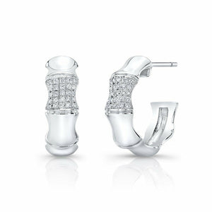 2Ct Round Brilliant Diamond Bamboo Design Huggie Earrings 14K White Gold Finish