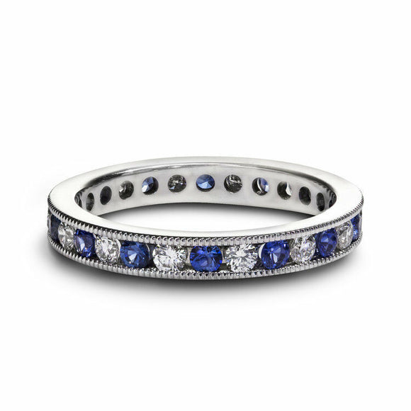 2ct Round Cut Blue Sapphire Diamond Eternity Wedding Band 18k White Gold Finish