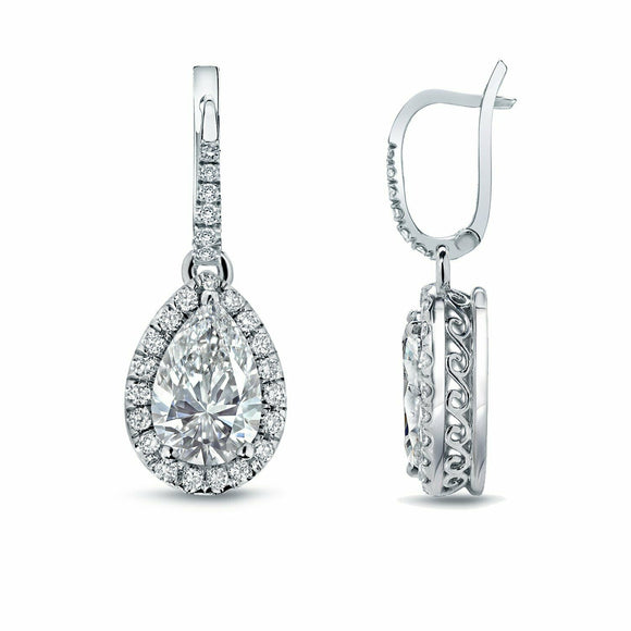 2Ct Pear Cut Diamond Stylish Halo Drop Earrings for Women 14K White Gold Finish