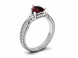 1.5ct Heart Cut Red Garnet Milgrain Trilogy Solitaire Ring 14k White Gold Finish