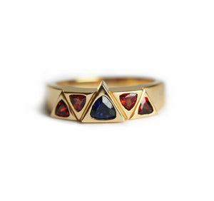 1.6ct Trillion Cut Blue Sapphire Triangle Shaped Five Stone 14k Yellow Gold Over