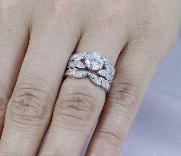 2ct Round Diamond Leaf Accent Solitaire Band Bridal Set Ring 14k White Gold Over