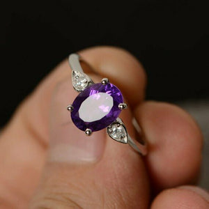 1.5ct Oval Cut Purple Amethyst Engagement Ring 14k White Gold Finish Three Stone