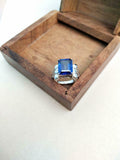 2.4ct Emerald Cut Blue Sapphire Heart Shank Solitaire Ring 14k White Gold Finish