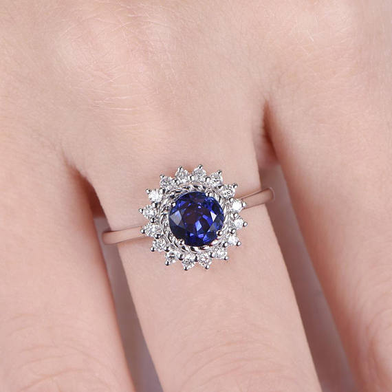 2ct Round Blue Sapphire Vintage Floral Halo Engagement Ring 14k White Gold Over