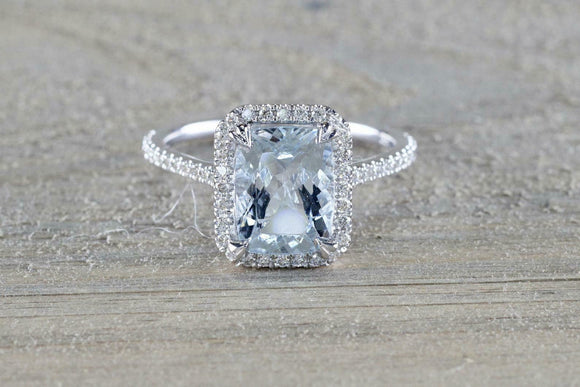 2ct Cushion Cut Blue Aquamarine Engagement Ring 14k White Gold Over Diamond Halo