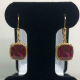 2ct Dangle Earrings Cushion Cut Pink Ruby Beaded Solitaire 14k Yellow Gold Over