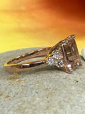 1.9ct Emerald Cut Peach Morganite 3 Stone Engagement Ring 14k Rose Gold Finish