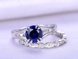 1.2ct Round Cut Blue Sapphire Split Shank Bridal Set Ring 14k White Gold Finish