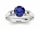 1ct Round Blue Sapphire Engagement Ring Milgrain Solitaire 14k White Gold Finish