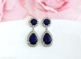 3ct Pear Blue Sapphire Diamond Halo Tear Rain Drop Earring 14k White Gold Finish