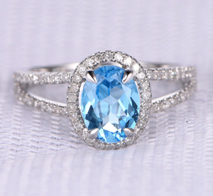 2.5ct Oval Cut Blue Topaz Engagement Ring Halo Split Shank 14k White Gold Finish