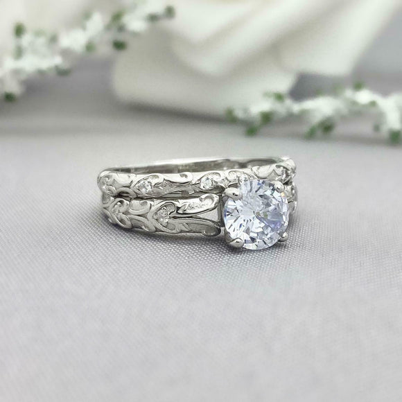 2ct Round Cut Diamond Vintage Floral Bridal Set Ring 14k White Gold Finish