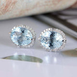 2.2ct Oval Cut Blue Aquamarine Diamond Halo Stud Earrings 14k White Gold Finish