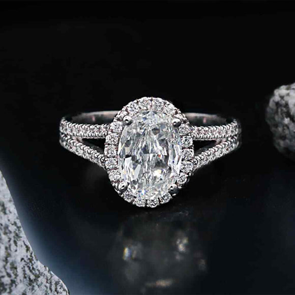 3ct Oval Cut VVS1 Diamond Engagement Ring 14k White Gold Finish Halo Split Shank