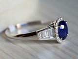 3.5ct Oval Cut Blue Sapphire Baguette Accent Halo Ring 14k White Gold Finish