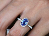 2.4ct Engagement Ring Oval Blue Sapphire Round Accent Halo 14k White Gold Finish