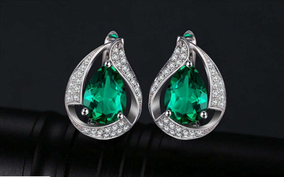 1.7ct Stud Earrings Pear Cut Green Emerald Stylish Halo 14k White Gold Finish