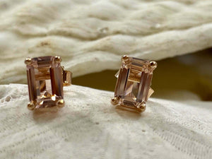 1ct Stud Earrings Emerald Cut Peach Morganite Solitaire 14k Yellow Gold Finish