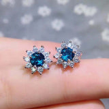 2.5ct Stud Earrings Round Cut Blue Sapphire Diamond Floral 14k White Gold Finish