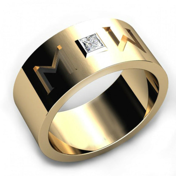 0.1ct Princess Cut Custom Alphabet Mens Wedding Ring 14k Yellow Gold Finish