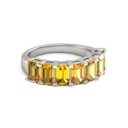 5Ct Emerald Cut Yellow Citrine Stackable Engagement Ring 14K White Gold Finish