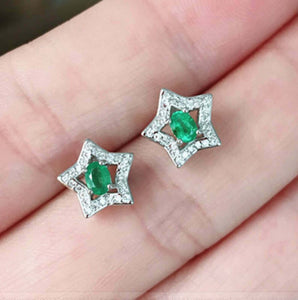 1.5ct Stud Earrings Oval Cut Green Emerald Star Design 14k White Gold Finish