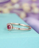 1.45ct Round Cut Pink Ruby Engagement Ring Halo Diamond 14k Yellow Gold Finish