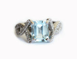 1.5ct Emerald Cut Blue Aquamarine Infinity Engagement Ring 14k White Gold Finish