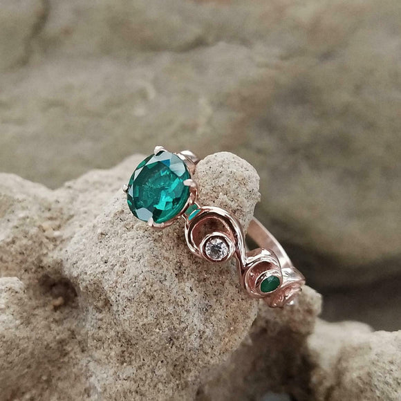 1.2ct Engagement Ring Round Cut Green Emerald Infinity Wave 14k Rose Gold Finish