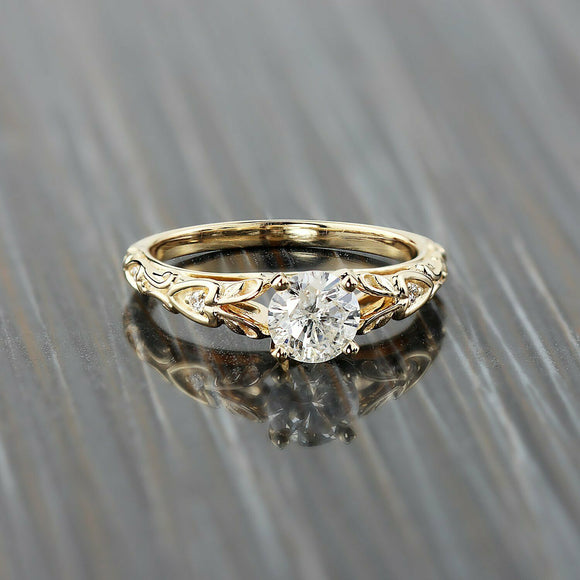 1.1Ct Round Cut Diamond Vintage Solitaire Engagement Ring 14K Yellow Gold Finish