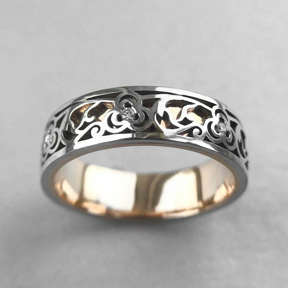 Filigree Celtic Wedding Ring Band 0.6ct Round Cut Diamond 14k Two Tone Finish