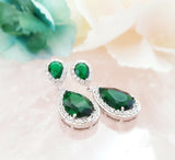 4ct Pear Cut Green Emerald Water Tear Halo Drop Earrings 14k White Gold Finish