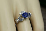 1ct Heart Cut Blue Sapphire Engagement Ring Claddagh Design 14k WhiteGold Finish