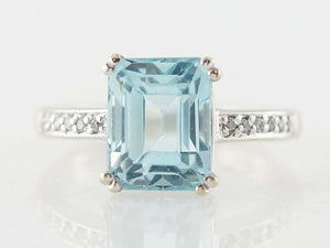 3ct Emerald Cut Blue Aquamarine Accent with Solitaire Ring 14k White Gold Finish