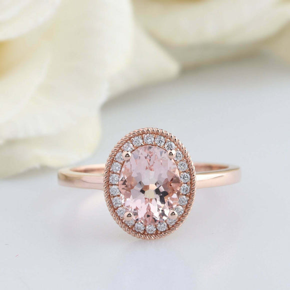 2ct Oval Cut Morganite Engagement Ring Diamond Halo Twist Rope 14k RoseGold Over