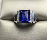 3ct Emerald Cut Blue Sapphire Signet Engagement Men Ring 14k White Gold Finish