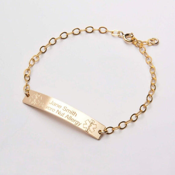 Custom Adjustable Medical Alert ID Bracelet Unisex 14k Yellow Gold Plated