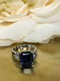 1.5ct Asscher Cut Blue Sapphire Three Stone Engagement Ring 14k WhiteGold Finish