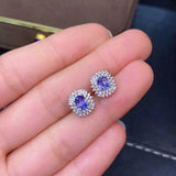 2.6ct Stud Earrings Oval Cut Blue Tanzanite Halo Cluster 14k White Gold Finish