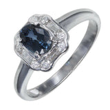 3ct Oval Cut Blue Sapphire Engagement Ring Art Deco Design 14k White Gold Finish